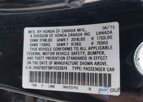 2015 Honda Civic Lx из США, поврежденный, VIN 2HGFB2F58FH535974